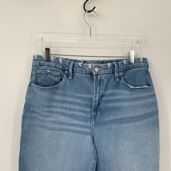 Good American curve cropped straight leg jeans distressed knee fraying 31 12 - Picture 2 of 7